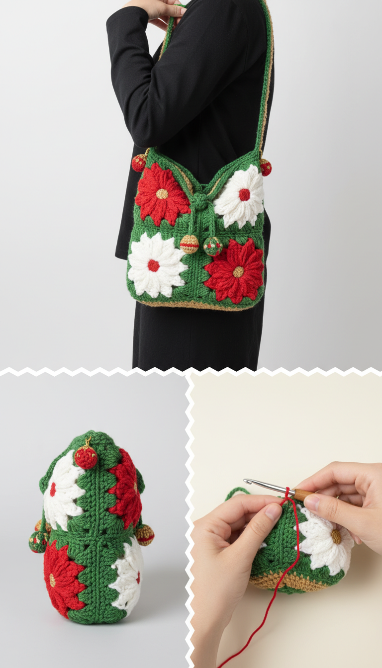 Festive Bloom: Crochet Poinsettia Granny Square Shoulder Bag Pattern