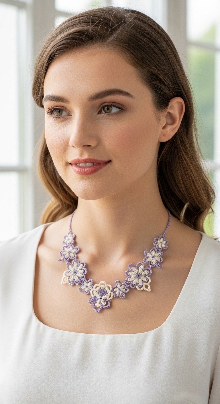 Elegant Crochet Floral Choker: A Delicate Lavender & Cream Necklace Pattern
