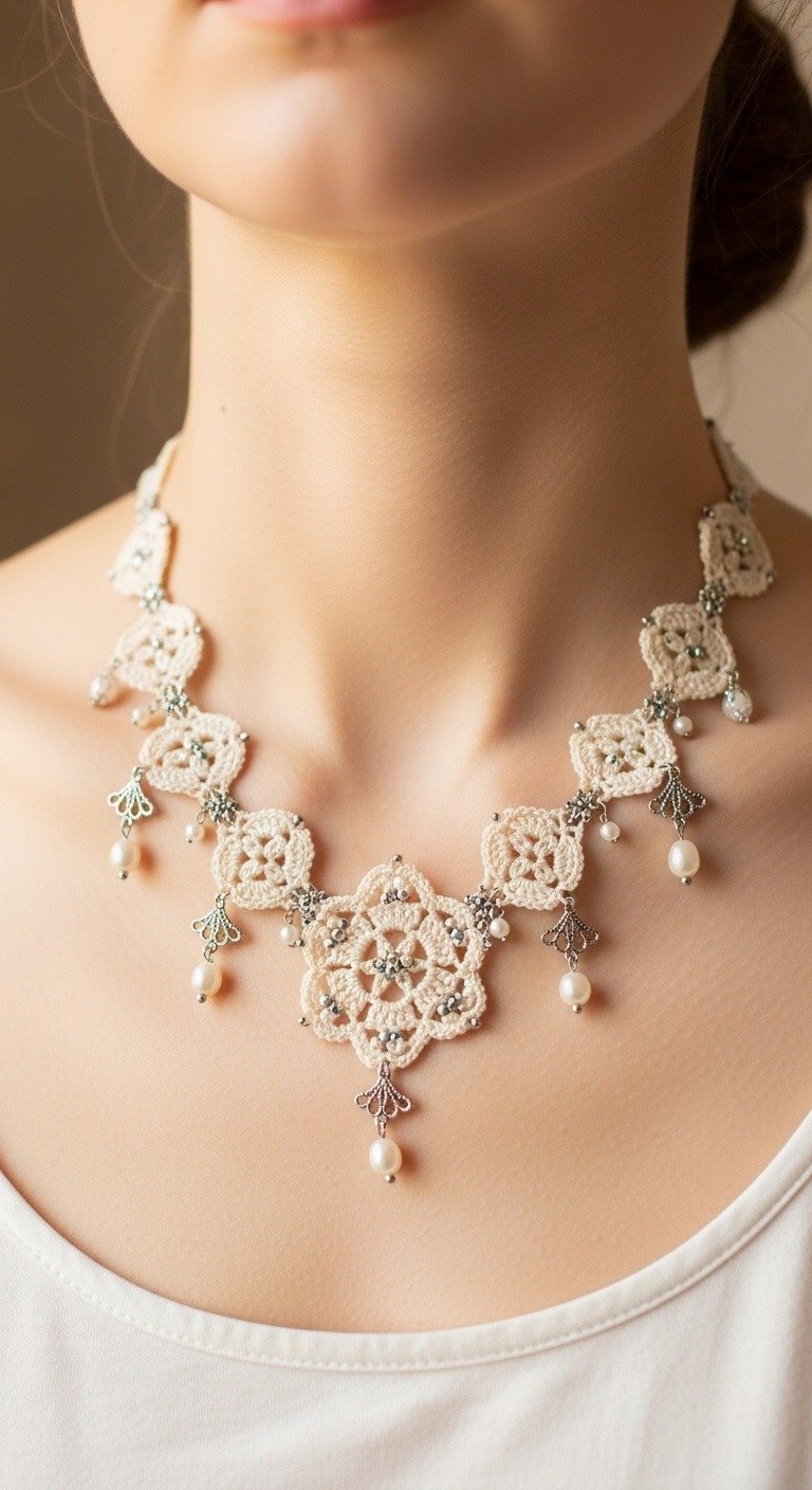 Elegant Crochet Lace Pearl Choker Necklace Pattern