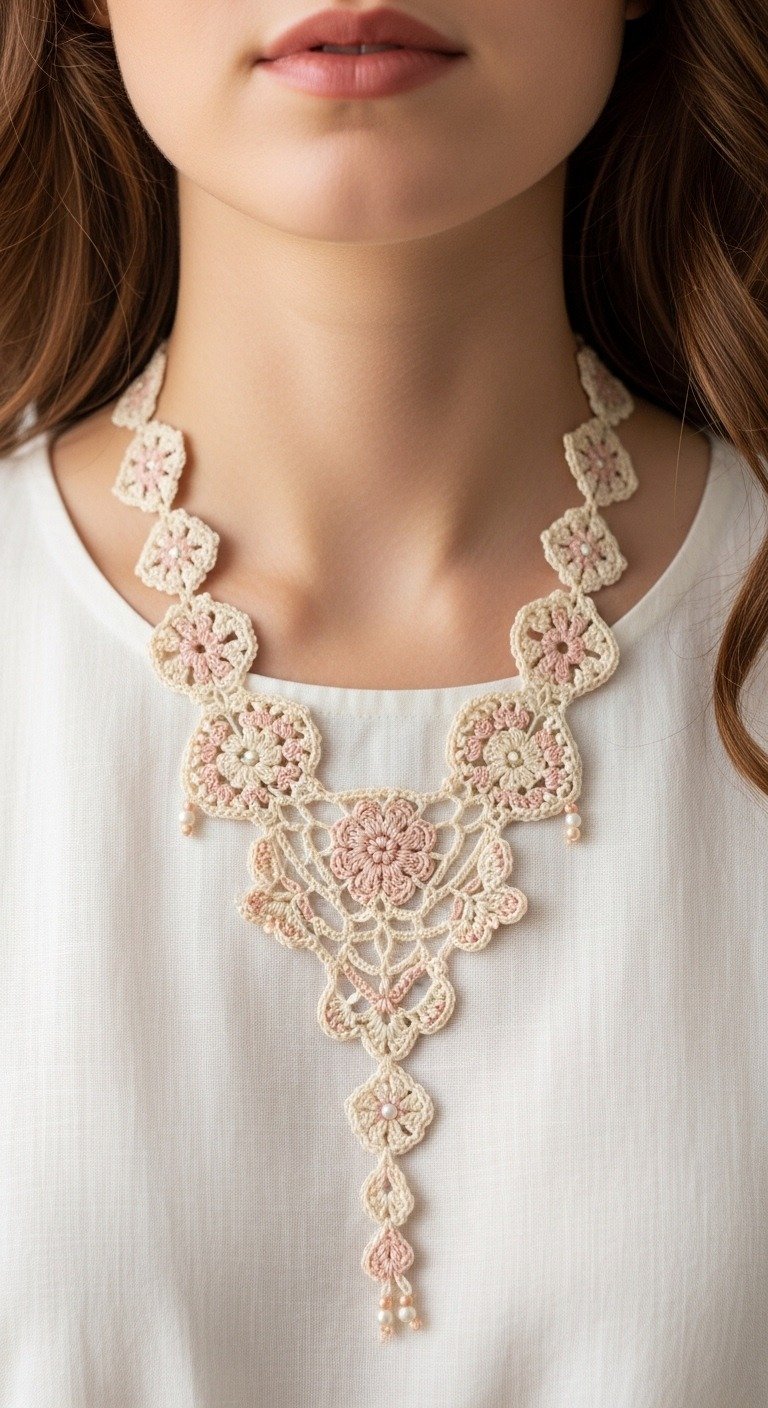 Elegant Crocheted Floral Statement Necklace Pattern with Pearls