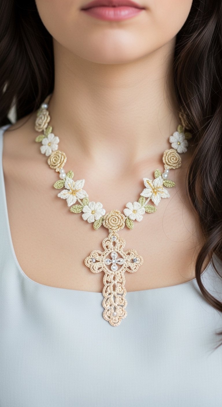 Elegant Floral Lace Crochet Necklace with Cross Pendant