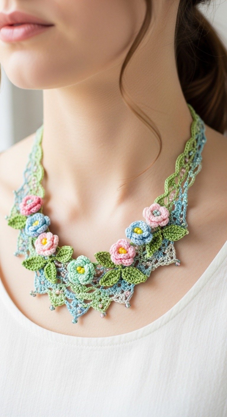 Blooming Beauty: Crochet Floral Lace Necklace Pattern for Elegant Style