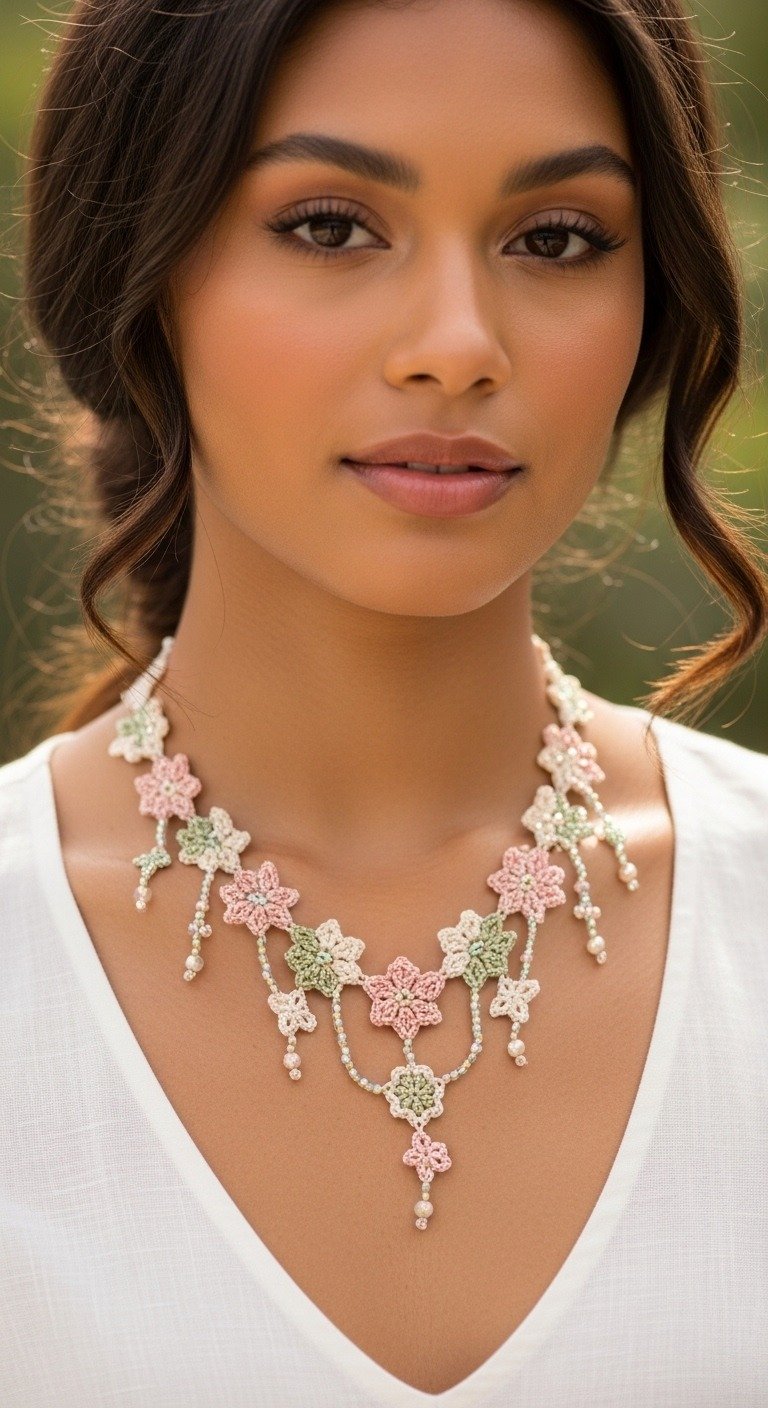 Blossom Cascade: A Delicate Crochet Floral Necklace Pattern