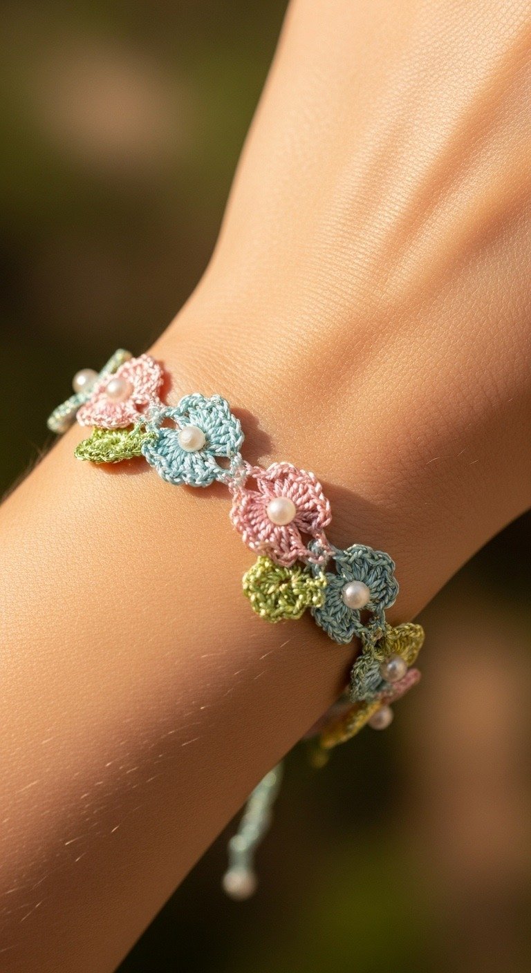 Delicate Pastel Pearl Flower Crochet Bracelet Pattern