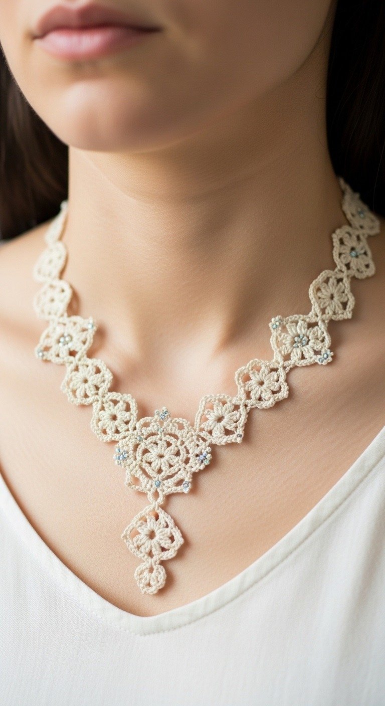 Elegant Crochet Lace Necklace with Beaded Accents | Free Pattern