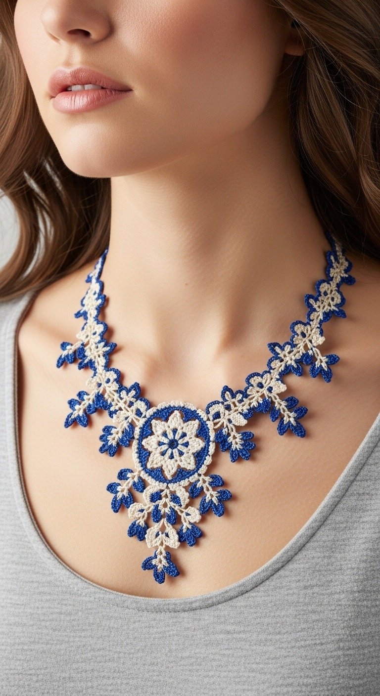 Elegant Crochet Lace Statement Necklace Pattern: Royal Blue & Cream Floral Design