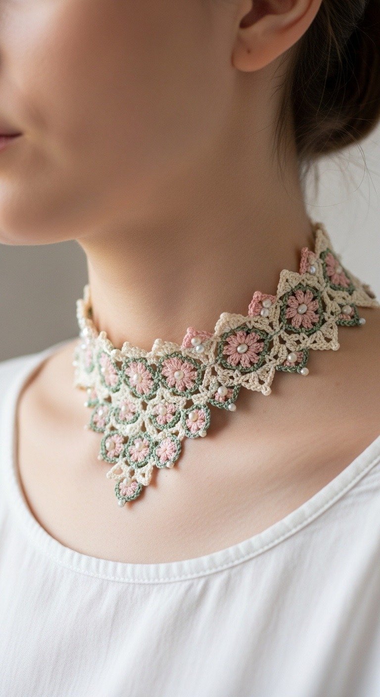 Elegant Crocheted Floral Choker Necklace with Pearl Accents