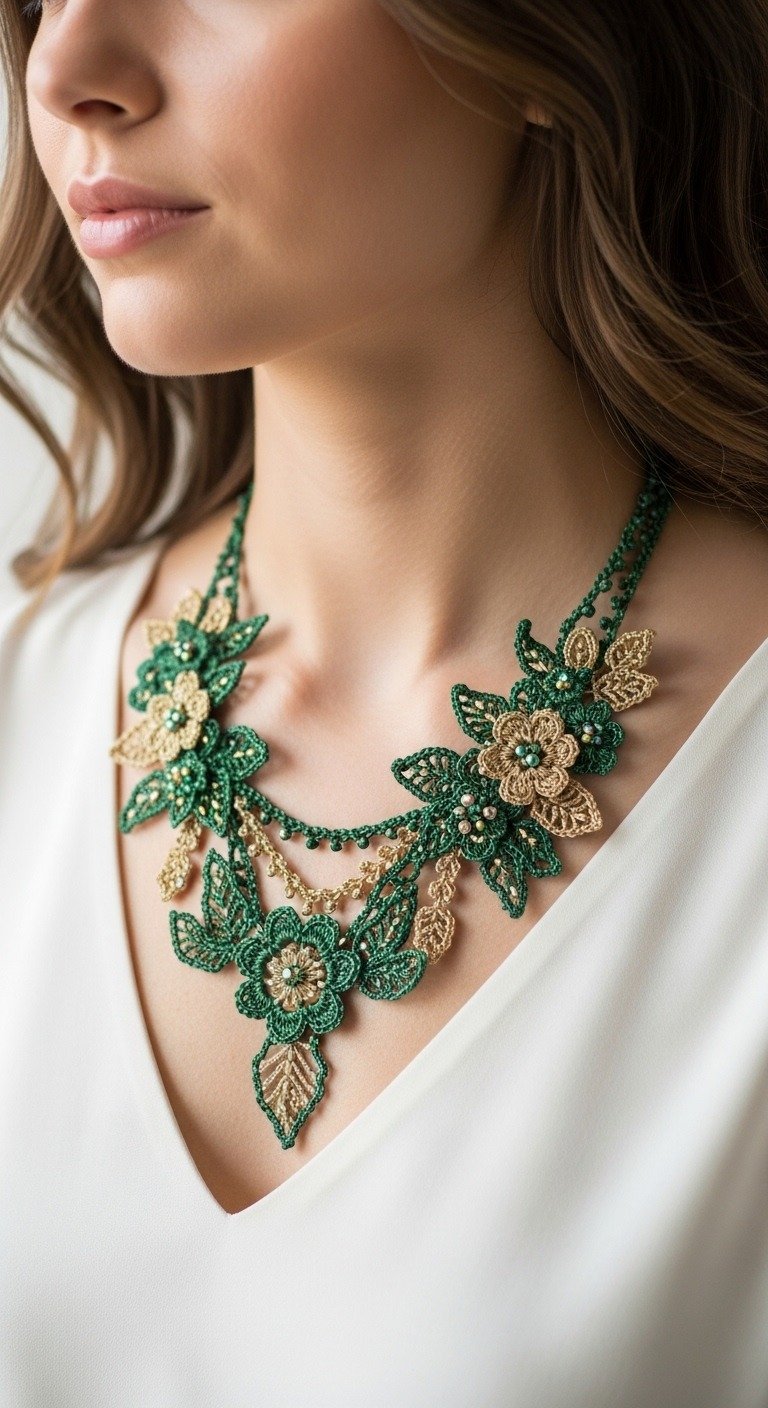 Emerald & Gold Crochet Lace Necklace: A Stunning DIY Floral Accessory