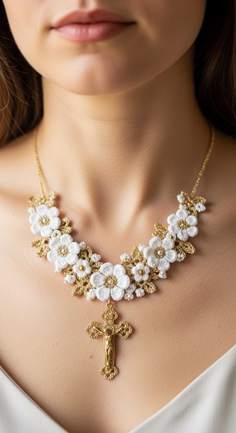 Elegant Crochet Floral & Gold Lace Necklace with Cross Pendant