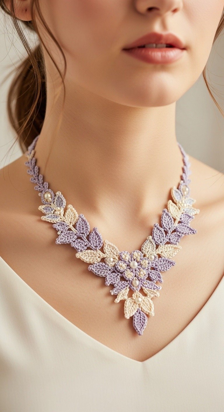 Elegant Crocheted Floral Lace Necklace with Pearls - Free Pattern