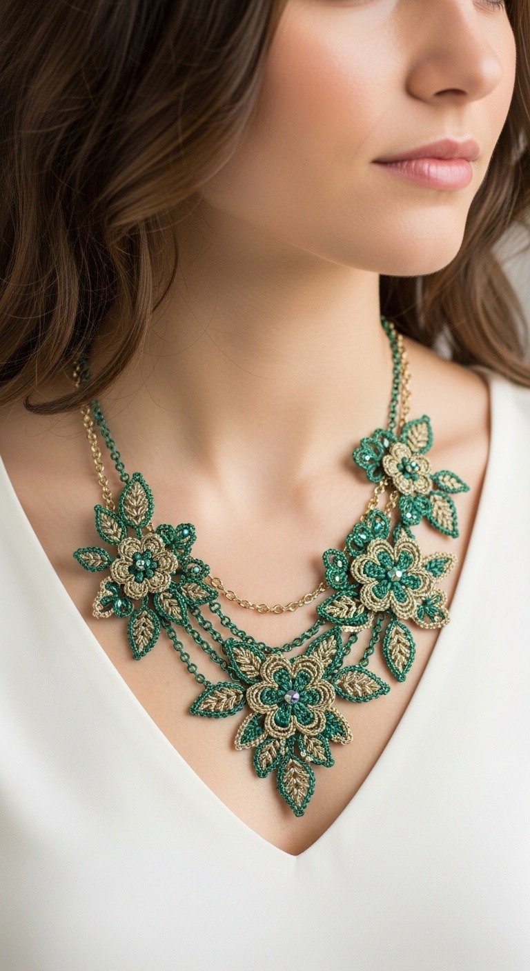 Elegant Emerald & Gold Crochet Floral Statement Necklace Pattern