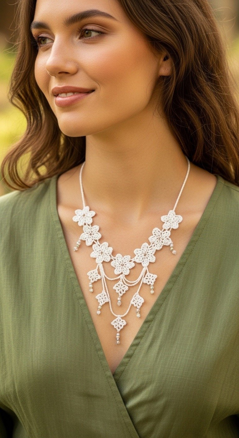 Elegant White Crochet Flower Choker Necklace Pattern