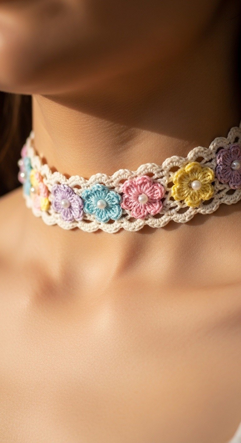 Pastel Blossom Crochet Choker: A DIY Floral Necklace Pattern