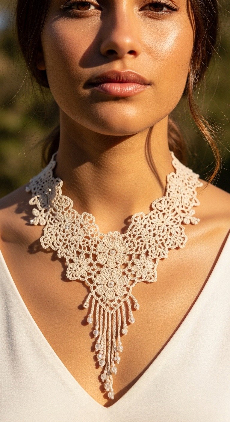 Delicate Pearl Crochet Lace Statement Necklace Pattern