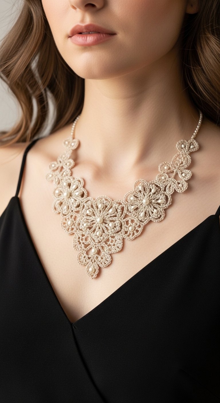 Elegant Pearl Blossom Crochet Lace Necklace Pattern