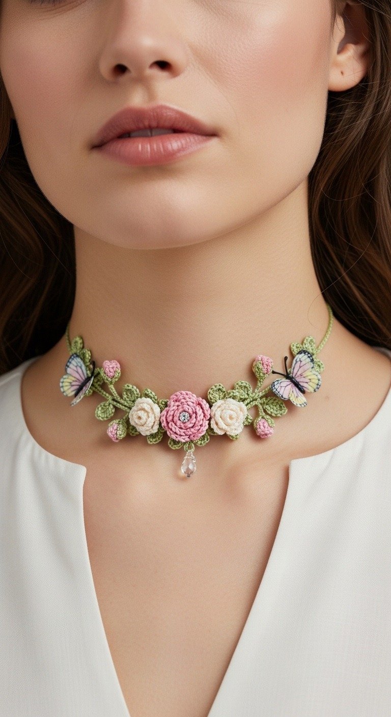 Enchanting Floral & Butterfly Crochet Choker: A Whimsical Jewelry Pattern