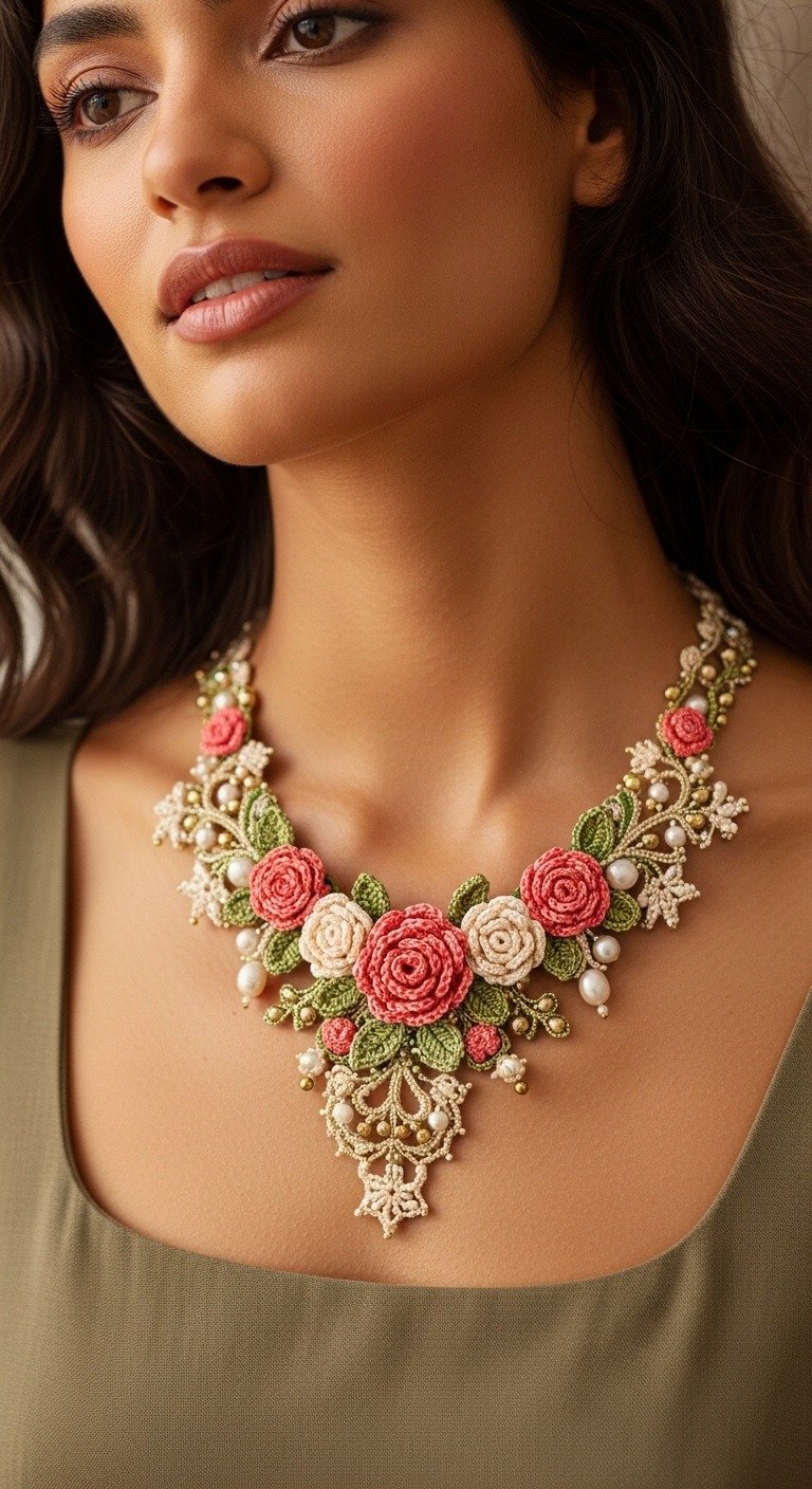 Exquisite Crocheted Rose & Lace Statement Necklace Pattern