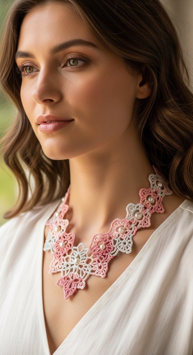 Radiant Blossom: Elegant Crochet Lace Flower Necklace Pattern with Pearls