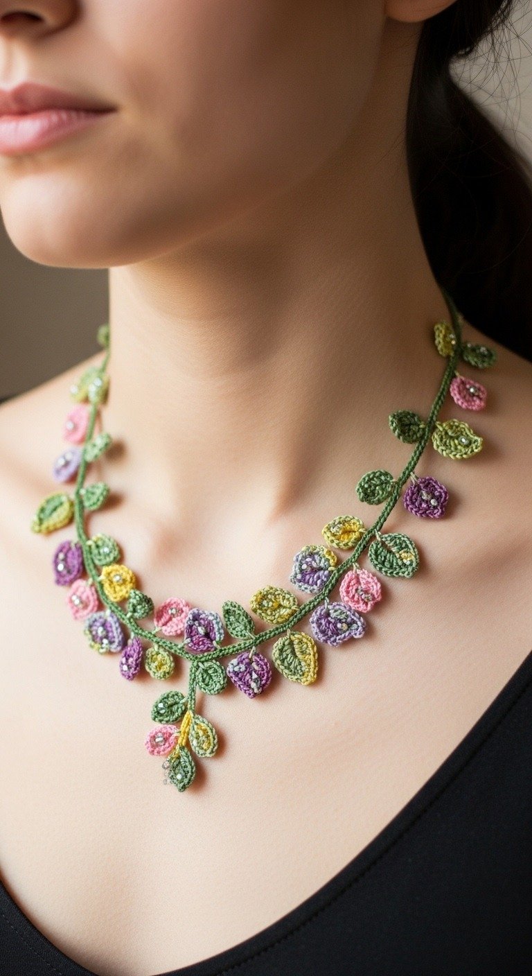 Delicate Floral Vine Crochet Necklace Pattern: Bloom & Leaf Cascade