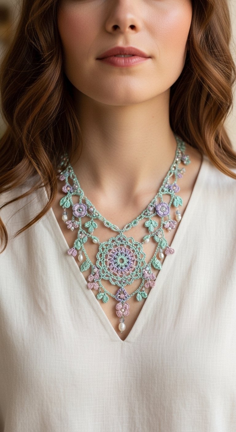 Elegant Floral Lace Crochet Necklace with Pearls Pattern