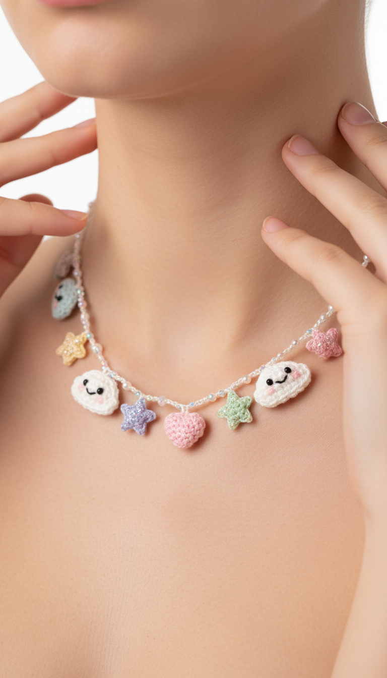 Whimsical Pastel Crochet Charm Necklace: Clouds, Stars & Hearts Pattern
