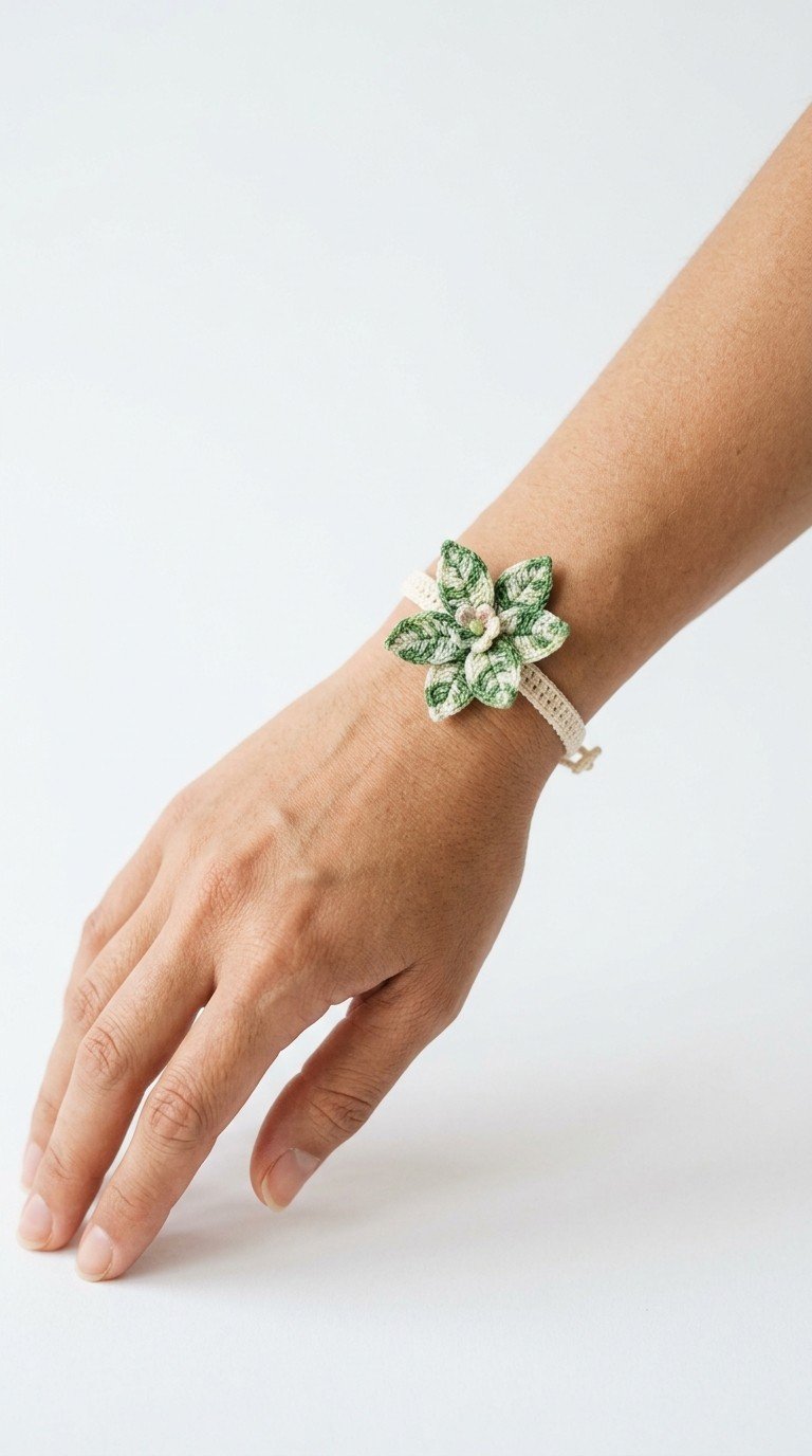 Elegant Variegated Crochet Leaf Bracelet: Wearable Nature Charm
