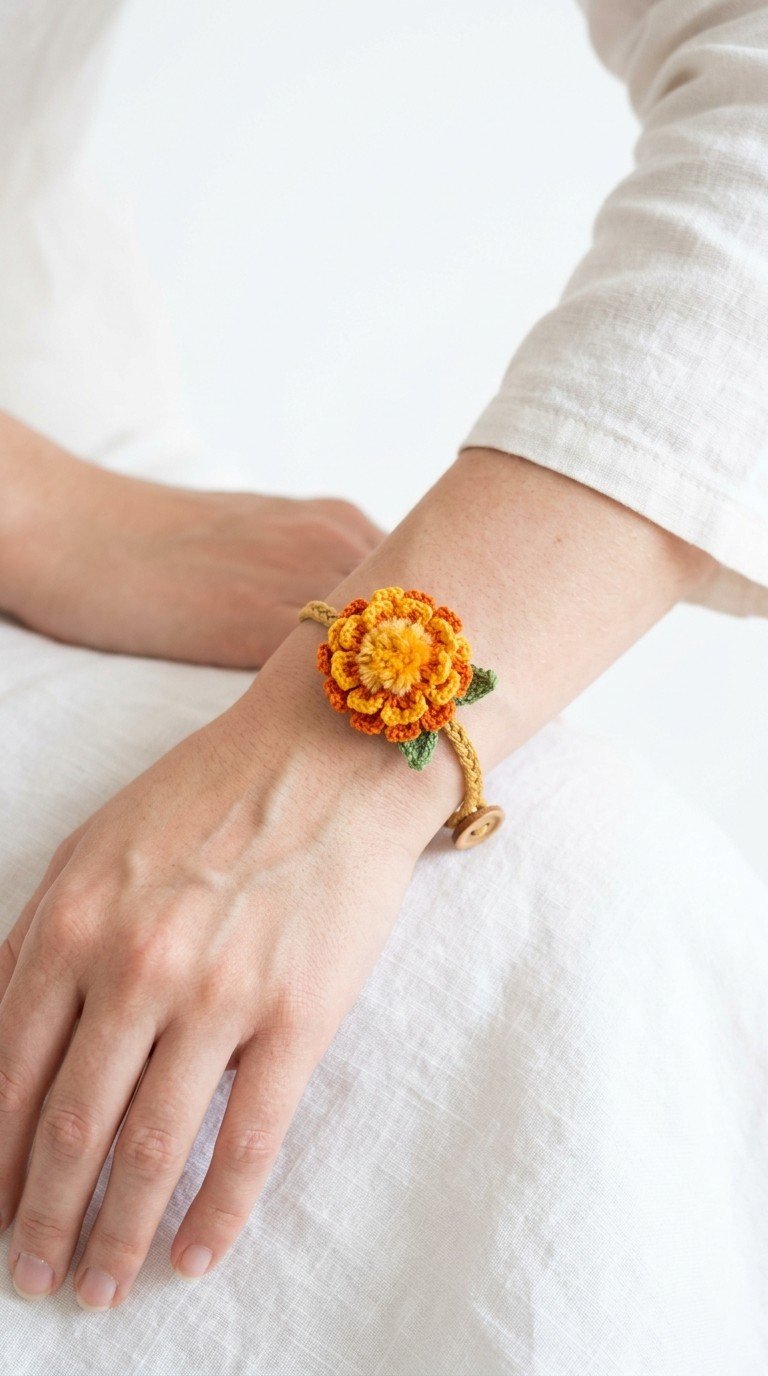 Sunshine Bloom: Easy Crochet Marigold Flower Bracelet Pattern
