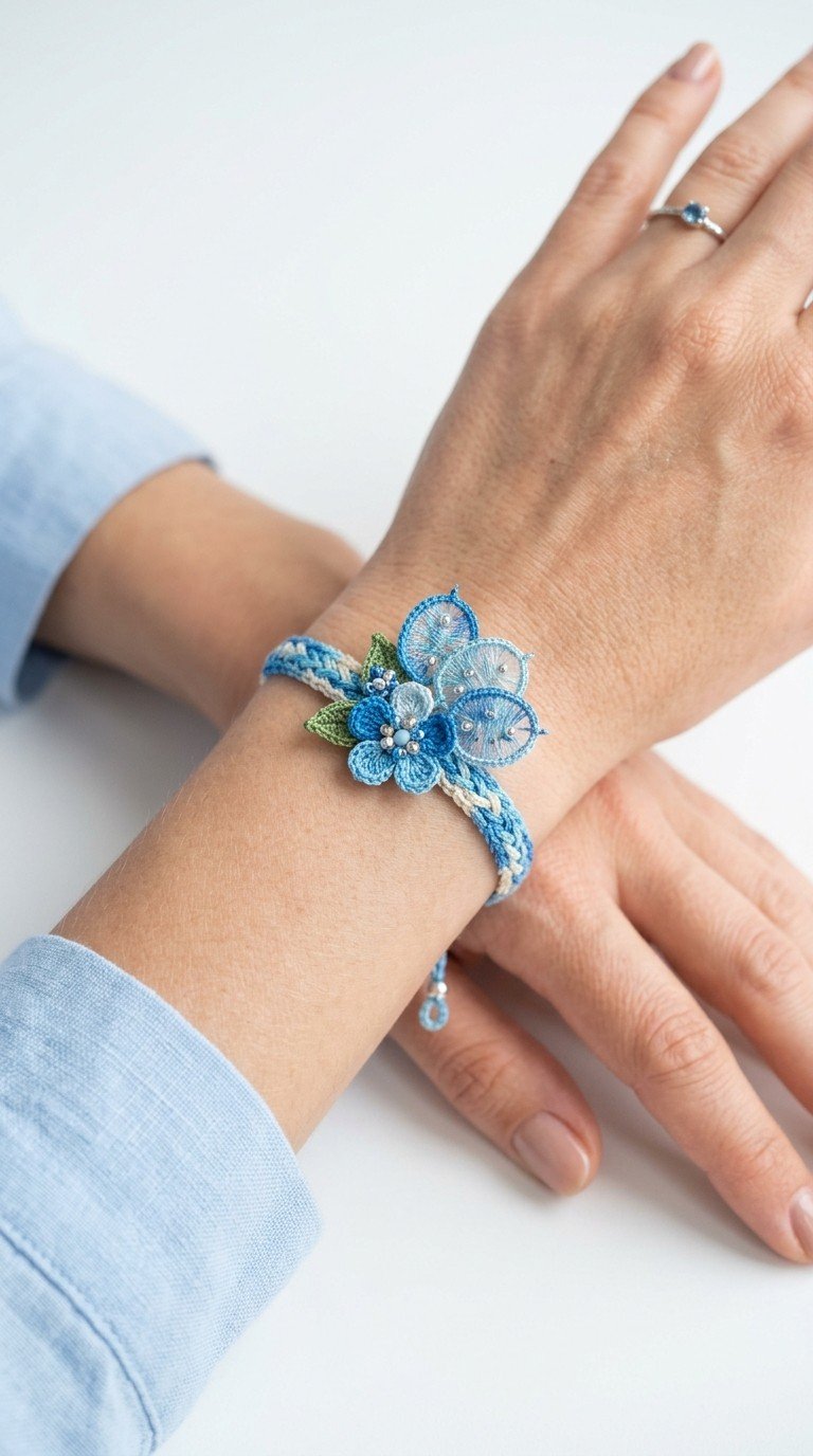 Elegant Crochet Floral Bracelet: A Blue Forget-Me-Not Charm