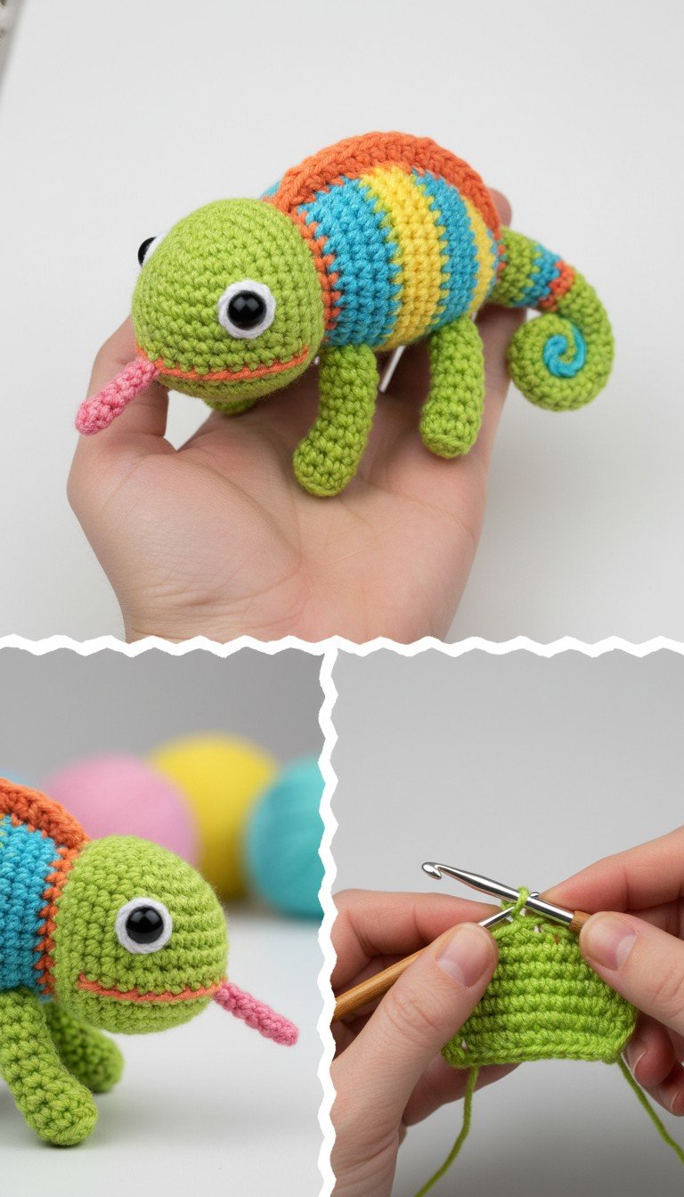 Vibrant Striped Crochet Chameleon Amigurumi Pattern