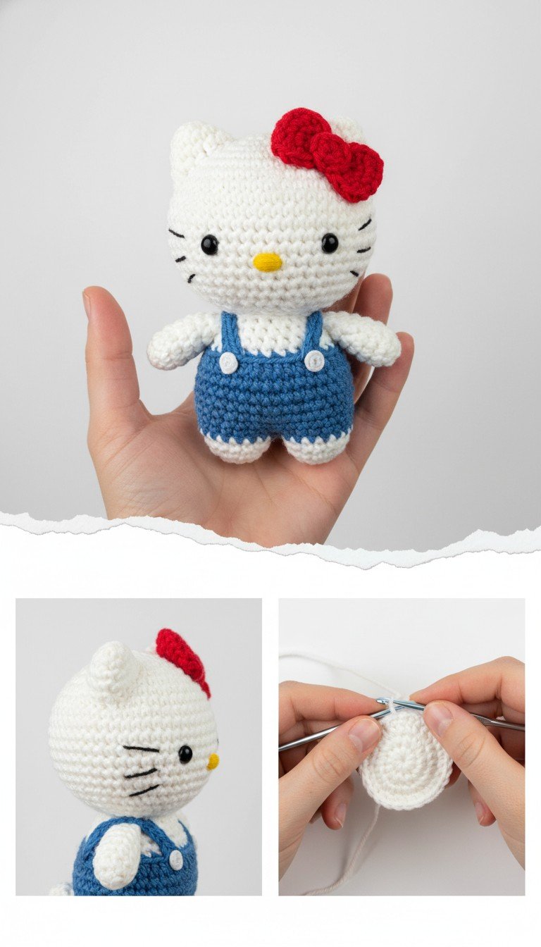 Crochet Hello Kitty Amigurumi Pattern with Overalls