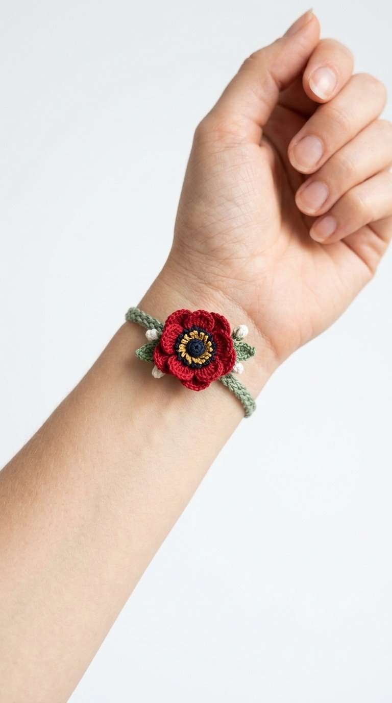 Hand-Crocheted Poppy Anemone Bracelet: A Blooming Floral Accessory