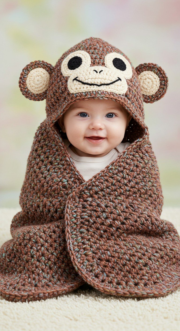 Charming Crochet Monkey Hooded Baby Blanket Pattern