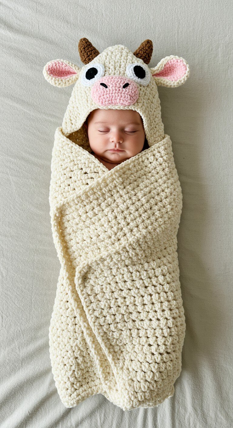 Udderly Adorable Crochet Cow Hooded Baby Swaddle Blanket Pattern