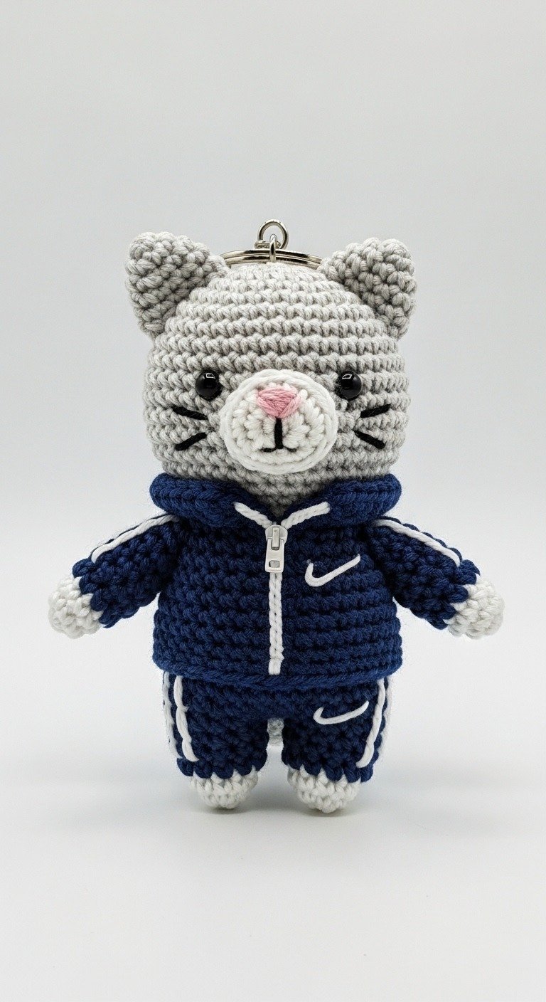 Sporty Amigurumi Cat Keychain: Free Crochet Pattern for a Tracksuit Kitty