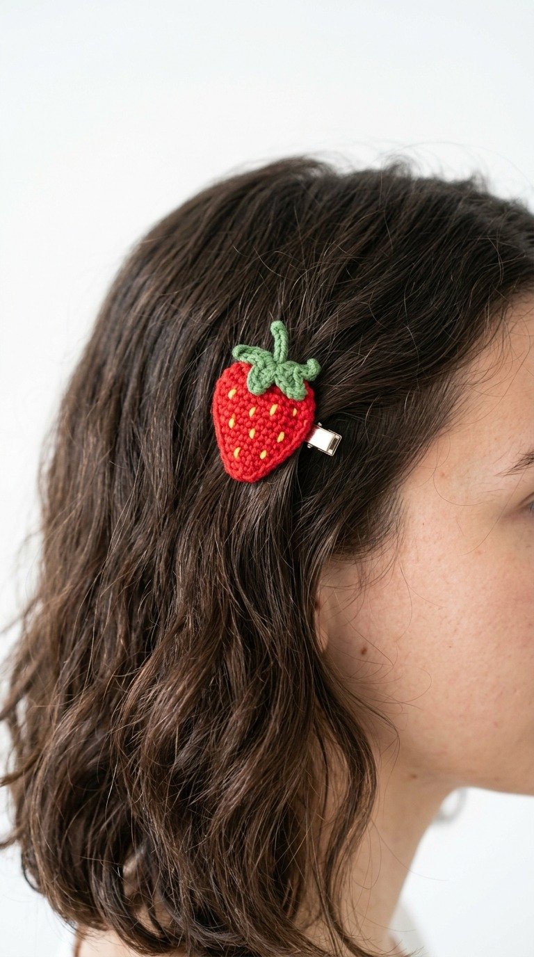 Sweet and Easy Crochet Strawberry Hair Clip Free Pattern