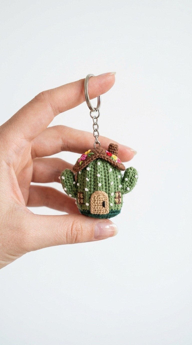 Adorable Crochet Cactus House Keychain: Free Amigurumi Pattern
