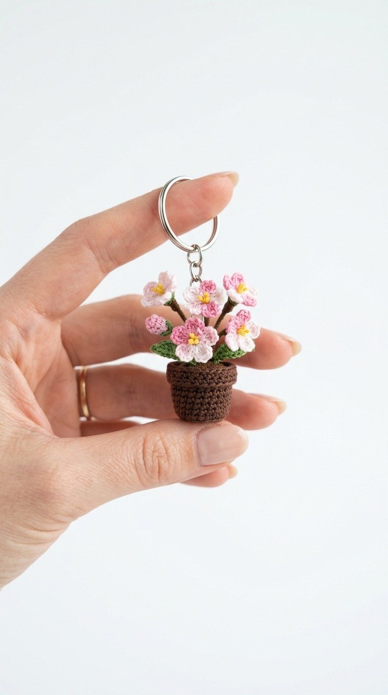 Adorable Crochet Mini Cherry Blossom Flower Pot Keychain Pattern