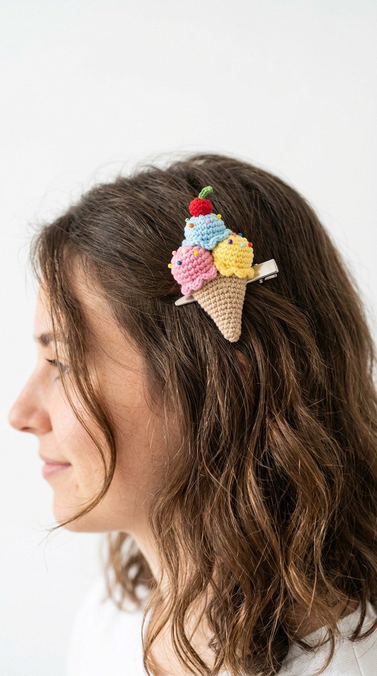 Adorable Free Crochet Ice Cream Hair Clip Pattern