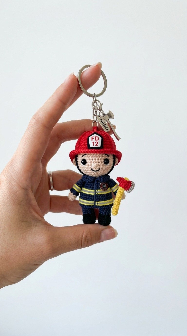 Cute Crochet Firefighter Doll Keychain - Free Amigurumi Pattern