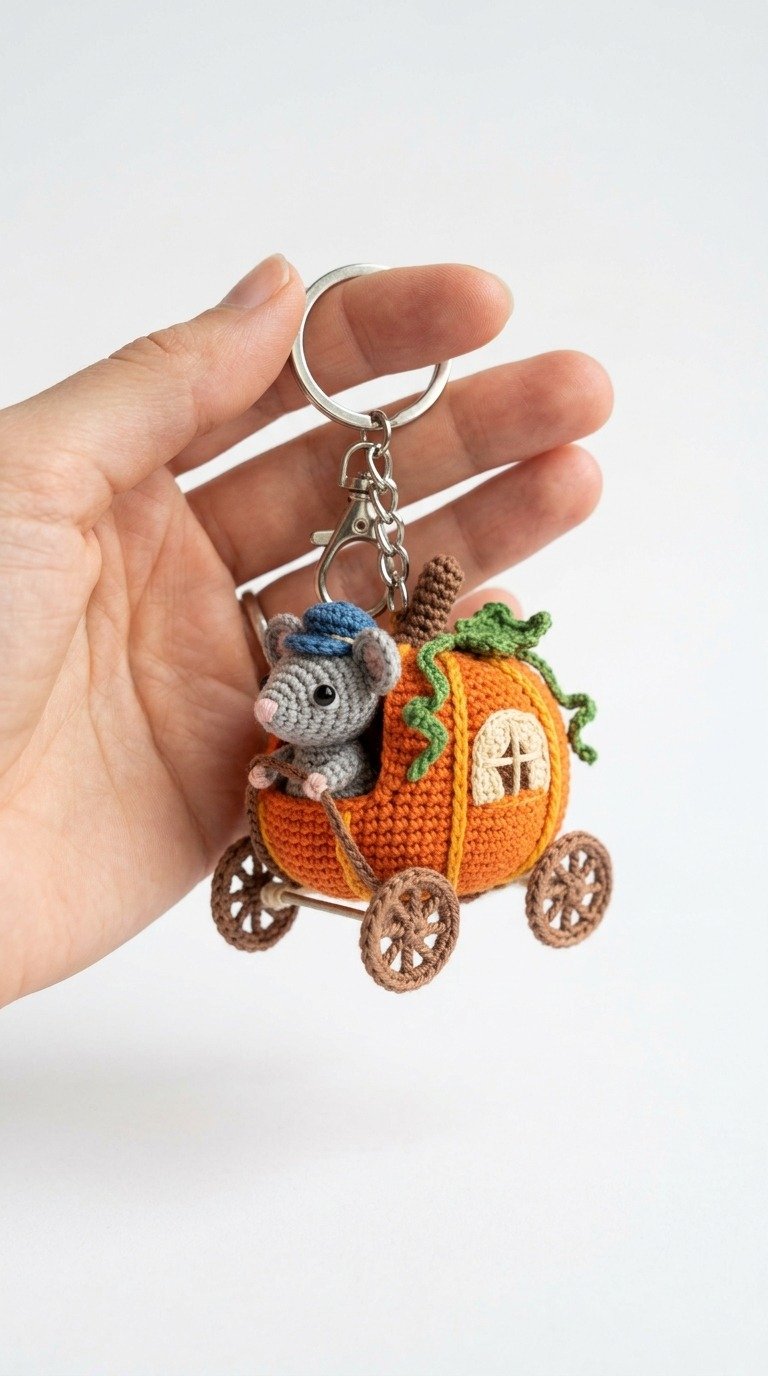 Adorable Mouse in Pumpkin Carriage Keychain Free Crochet Pattern