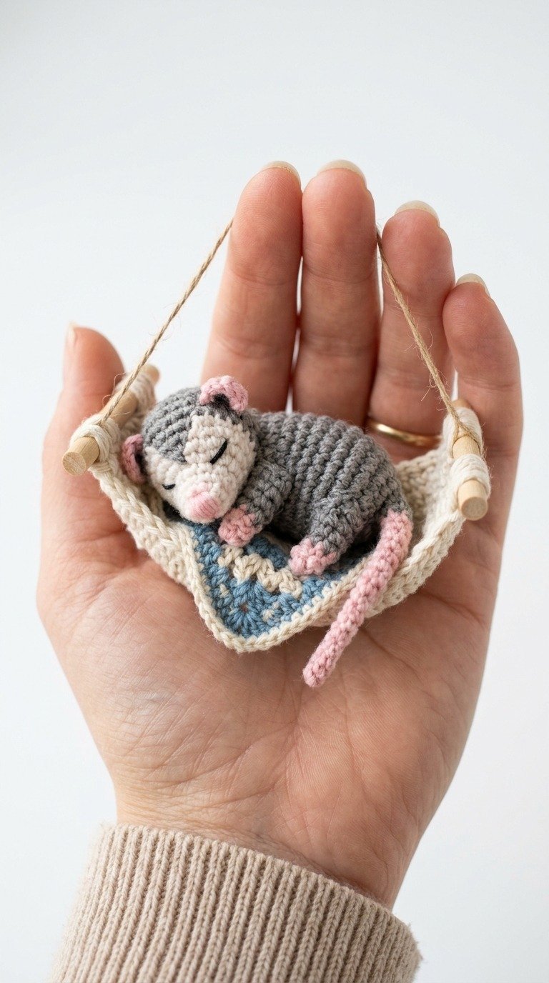 Adorable Mini Crochet Opossum Pattern: Sleepy Amigurumi in a Hammock