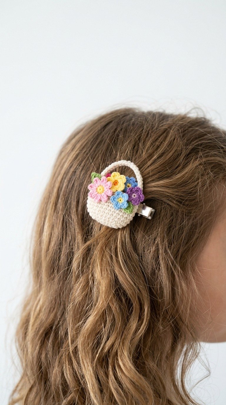 Charming Crochet Flower Basket Hair Clip Free Pattern