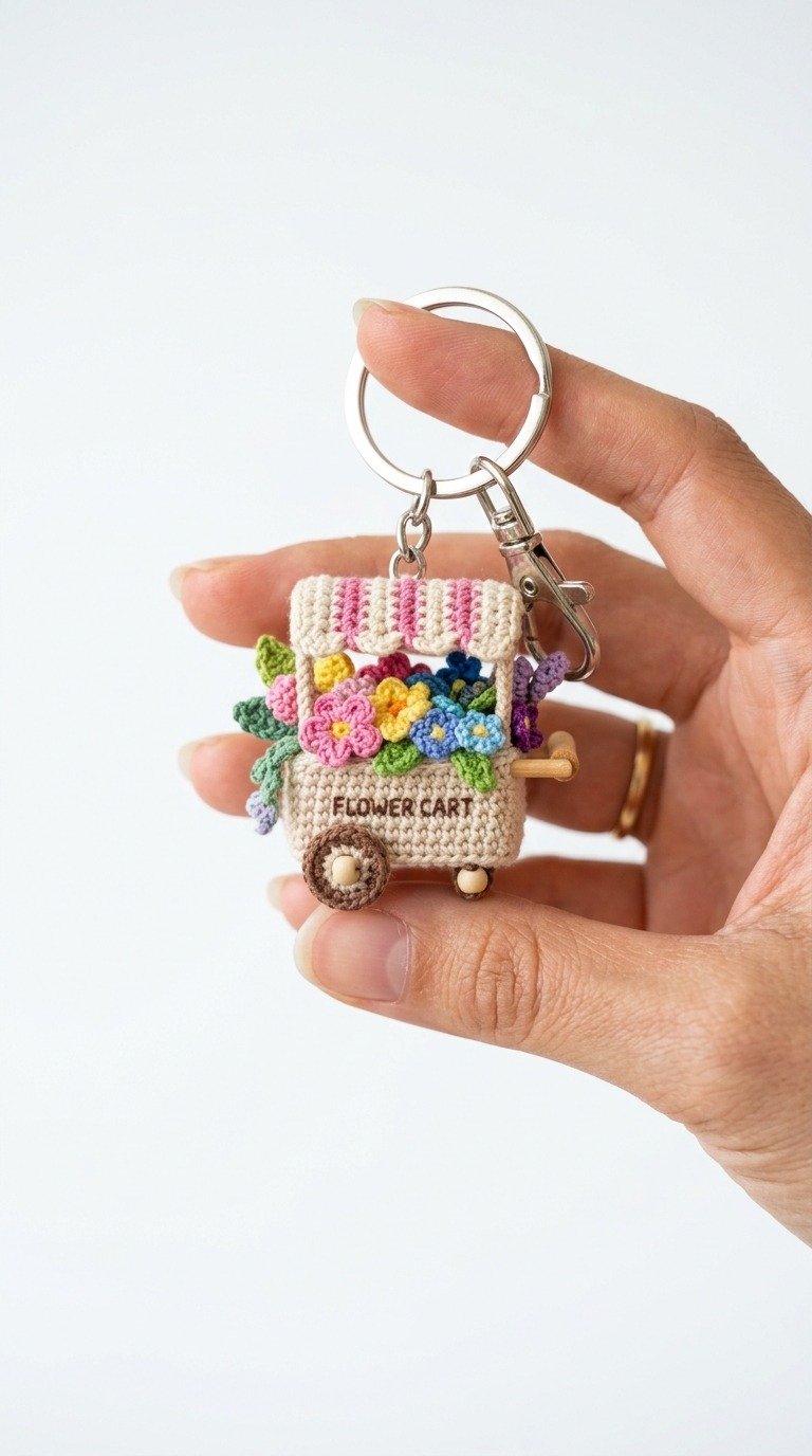 Charming Mini Crochet Flower Cart Keychain Free Pattern