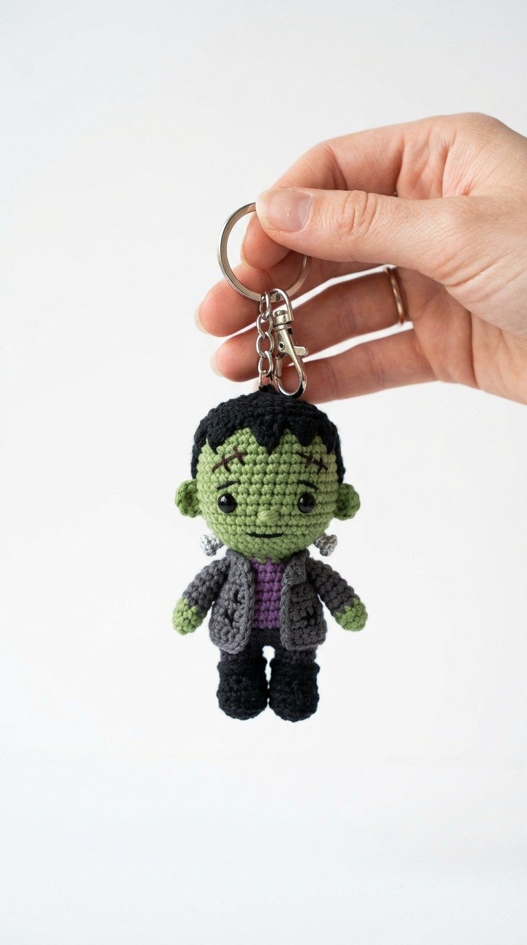 Spooky Cute Crochet Frankenstein Keychain Free Pattern