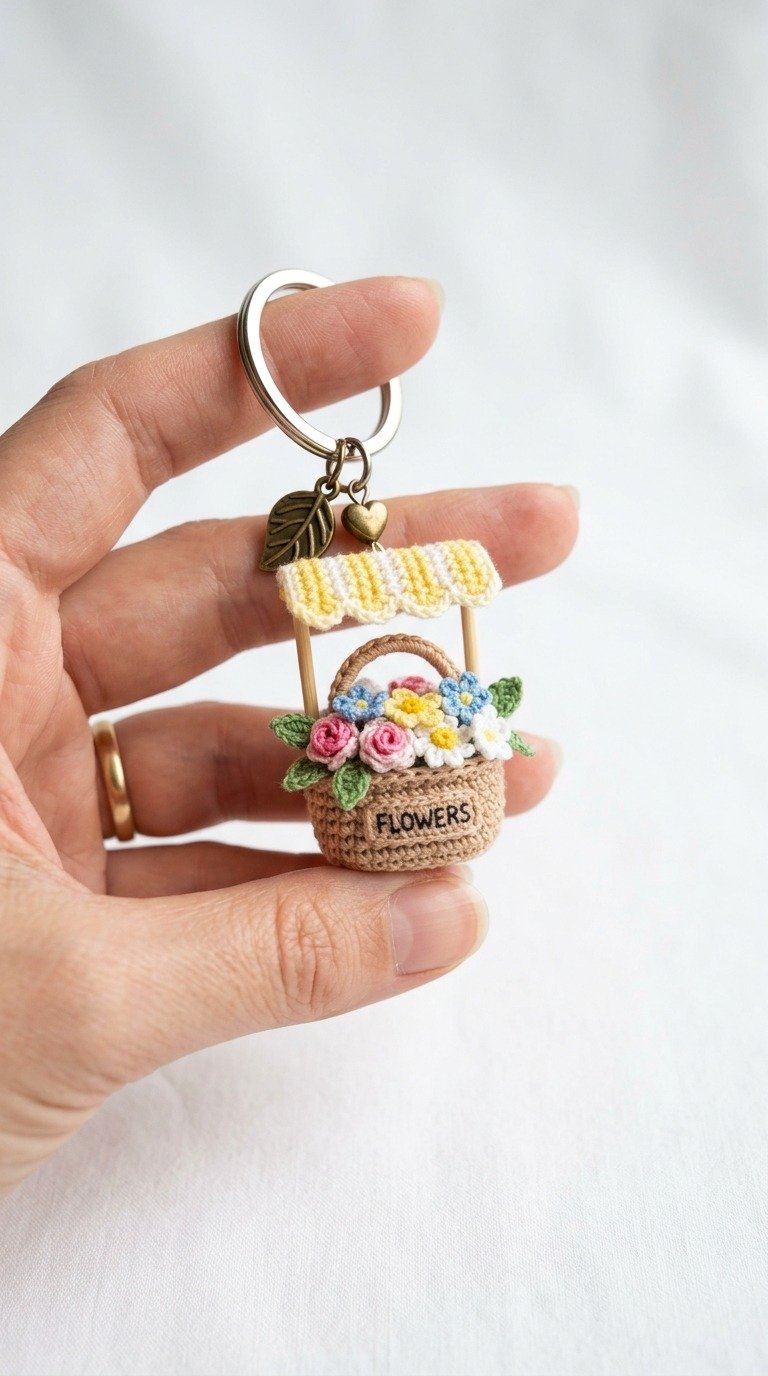 Miniature Crochet Flower Cart Keychain Free Pattern