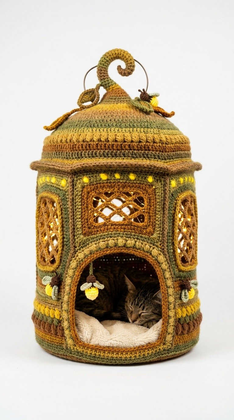 Whimsical Fairy Lantern Crochet Cat House Pattern
