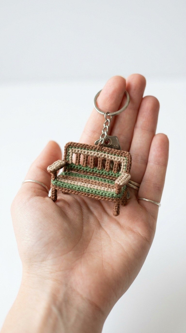Adorable Tiny Crochet Park Bench Keychain