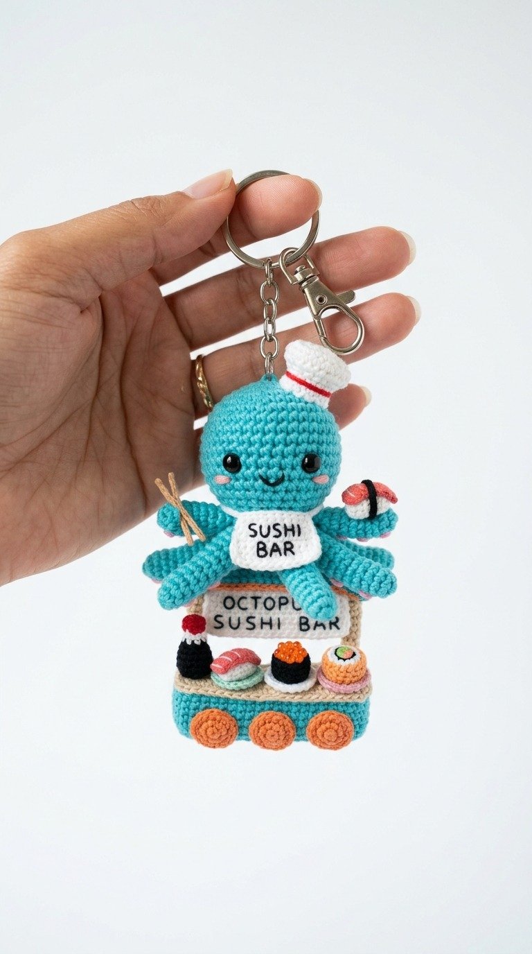 Adorable Crochet Octopus Sushi Bar Keychain Pattern