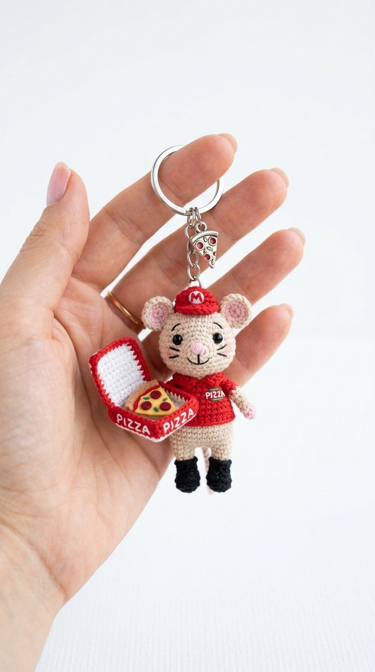 Adorable Crochet Pizza Mouse Keychain Free Pattern