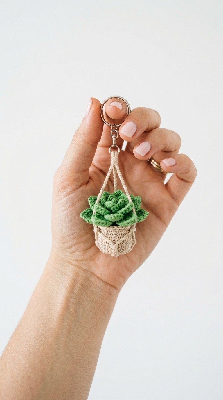 Mini Crochet Hanging Succulent Keychain Free Pattern
